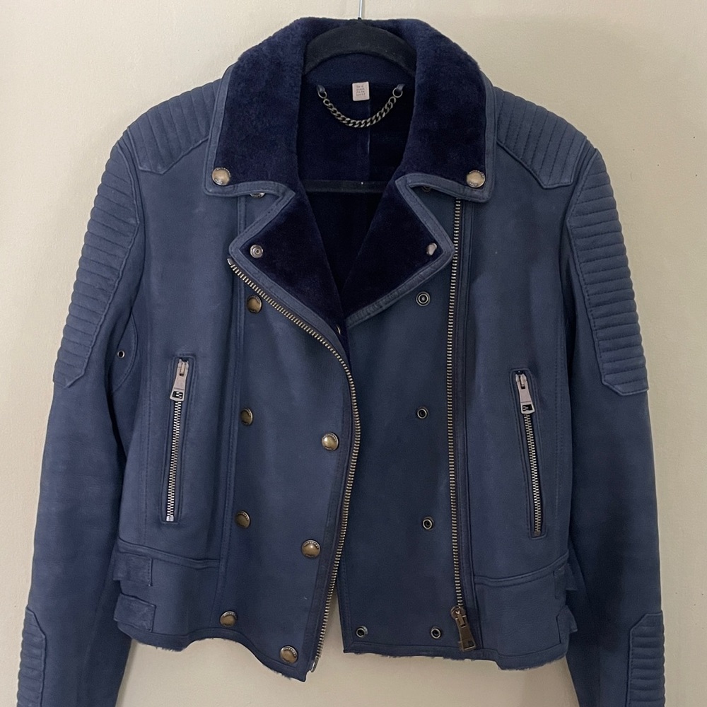 Burberry Brit | Blue Merino Shearling Moto/Biker Jacket, Sz 14 (fits 6-8*) ♥ NWO